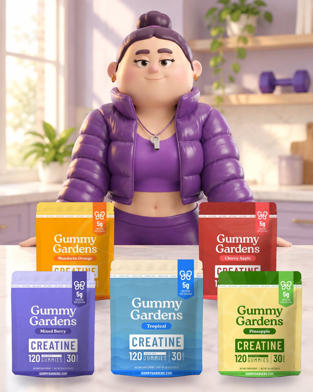 Gigi with all five Gummy Gardens creatine gummy flavors: Mixed Berry, Mandarin Orange, Tropical, Cherry Apple and Pineapple