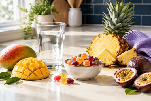 Fresh tropical fruits and colorful gummy candies in a ceramic bowl on a modern kitchen counter with navy backsplash and natural morning light
