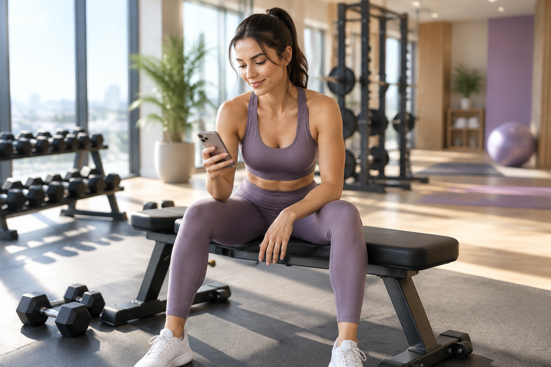 Woman sitting at a gym bench checking her phone between sets, bright natural light streaming through large windows