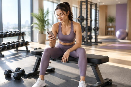 Woman sitting at a gym bench checking her phone between sets, bright natural light streaming through large windows