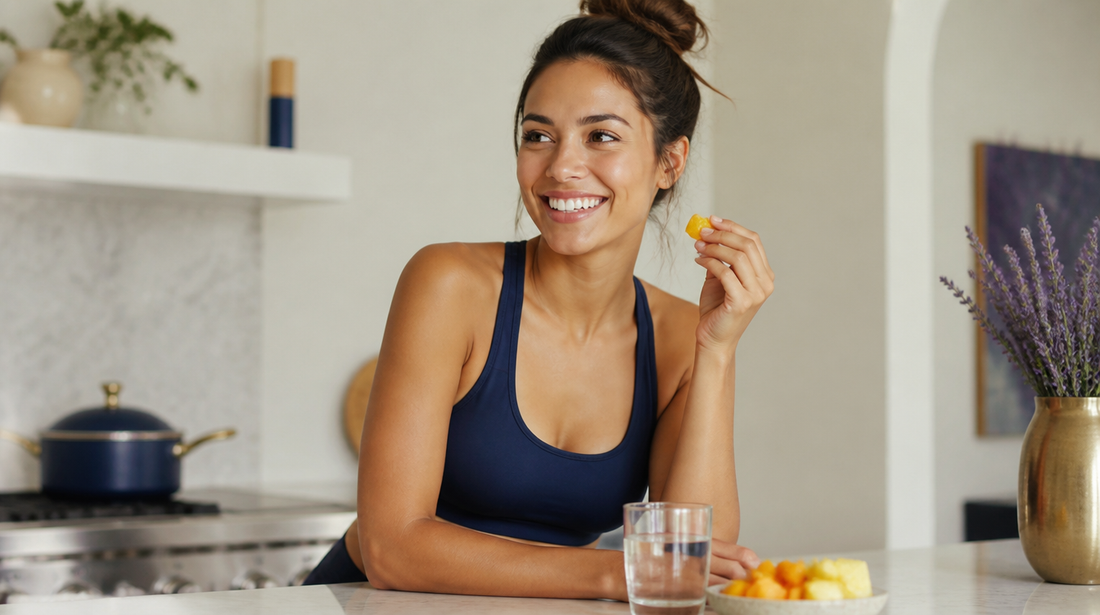 Woman enjoying a sugar-free creatine gummy at a bright kitchen counter