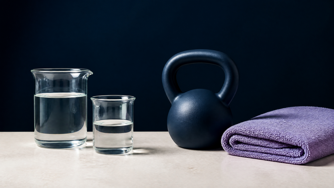Glass beakers of water beside a navy kettlebell and purple towel, science meets fitness