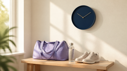 Navy wall clock above a purple gym bag, water bottle and trainers in morning light, creatine timing