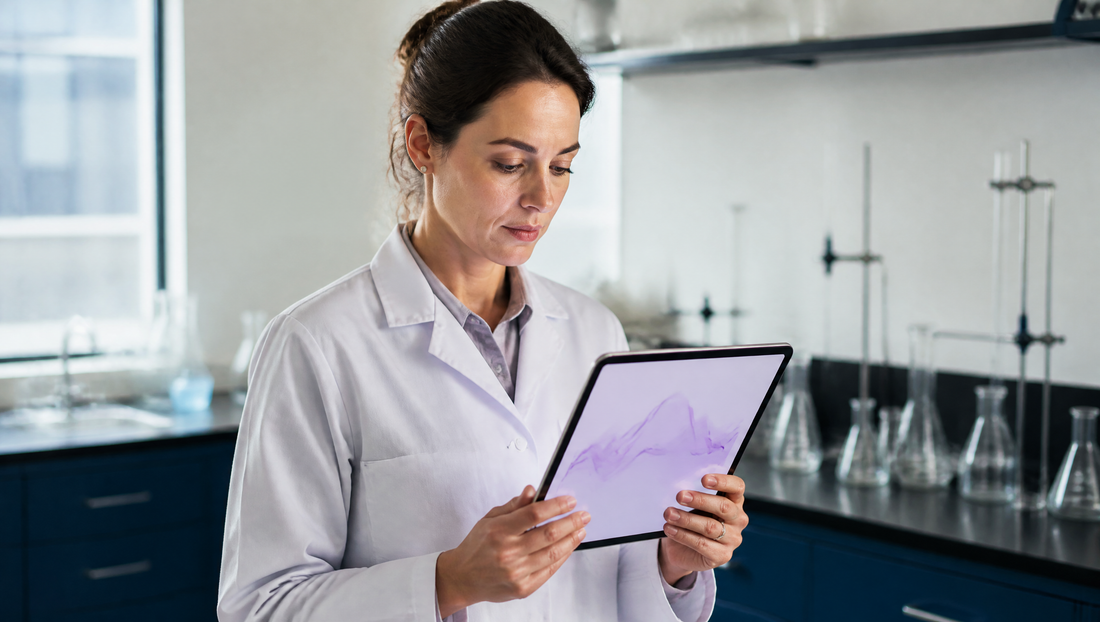 Woman scientist in a lab reviewing research on a tablet, creatine gummies research