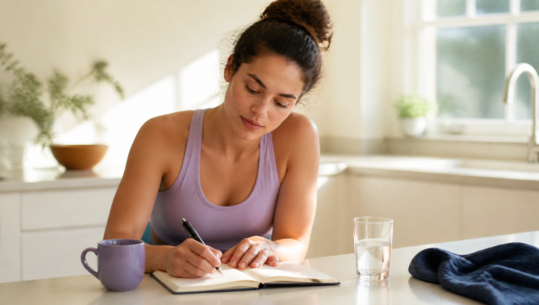 Woman in athletic wear writing in a notebook at a sunlit kitchen counter, starting a new creatine routine
