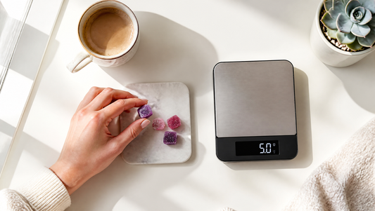 Overhead view of a woman's hand placing purple creatine gummies on a marble tray next to a digital scale reading 5.0 grams