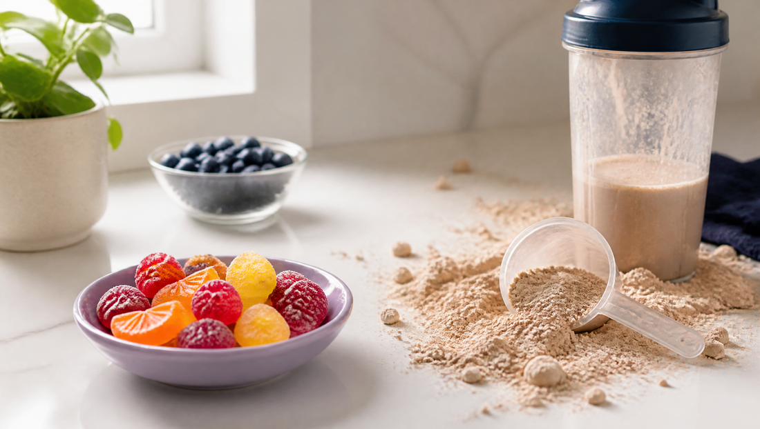 Colorful creatine gummies in a purple dish next to a messy scoop of creatine powder and shaker bottle on a white countertop