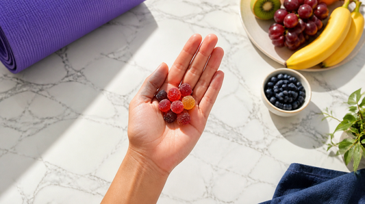 Hand holding colorful gummies over a marble kitchen counter with fruit and a purple yoga mat