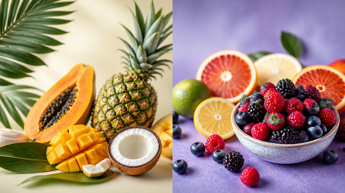 Split composition of tropical fruits on a cream background and mixed berries with citrus on a purple background