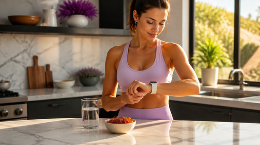 Woman in athletic wear checking her watch in a bright kitchen with a glass of water and gummy supplements on the counter