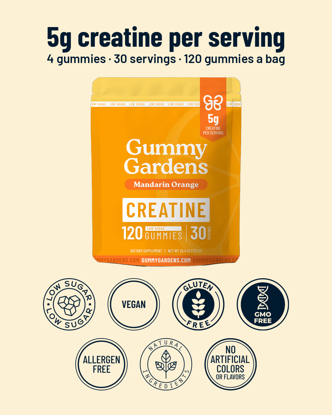 Gummy Gardens Mandarin Orange low sugar creatine gummies – 5g creatine per serving, low sugar, vegan, gluten free, GMO free, allergen free, natural ingredients, no artificial colors or flavors