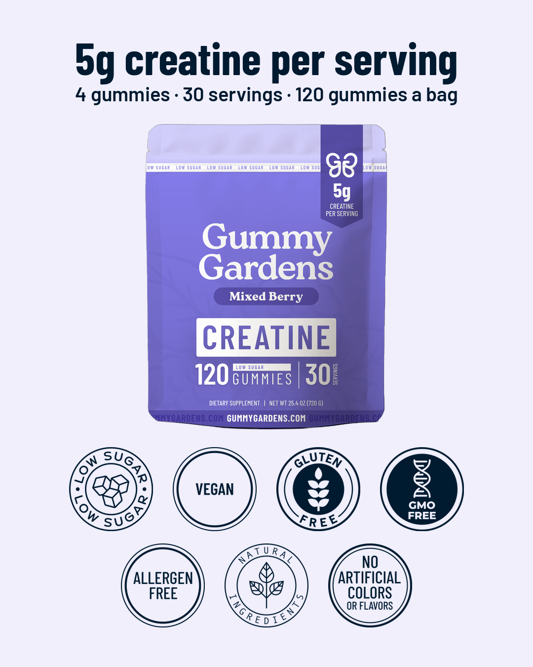 Gummy Gardens Mixed Berry low sugar creatine gummies – 5g creatine per serving, low sugar, vegan, gluten free, GMO free, allergen free, natural ingredients, no artificial colors or flavors