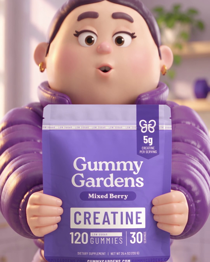 Lifestyle photo: Mixed Berry, animated Gigi holding the pouch