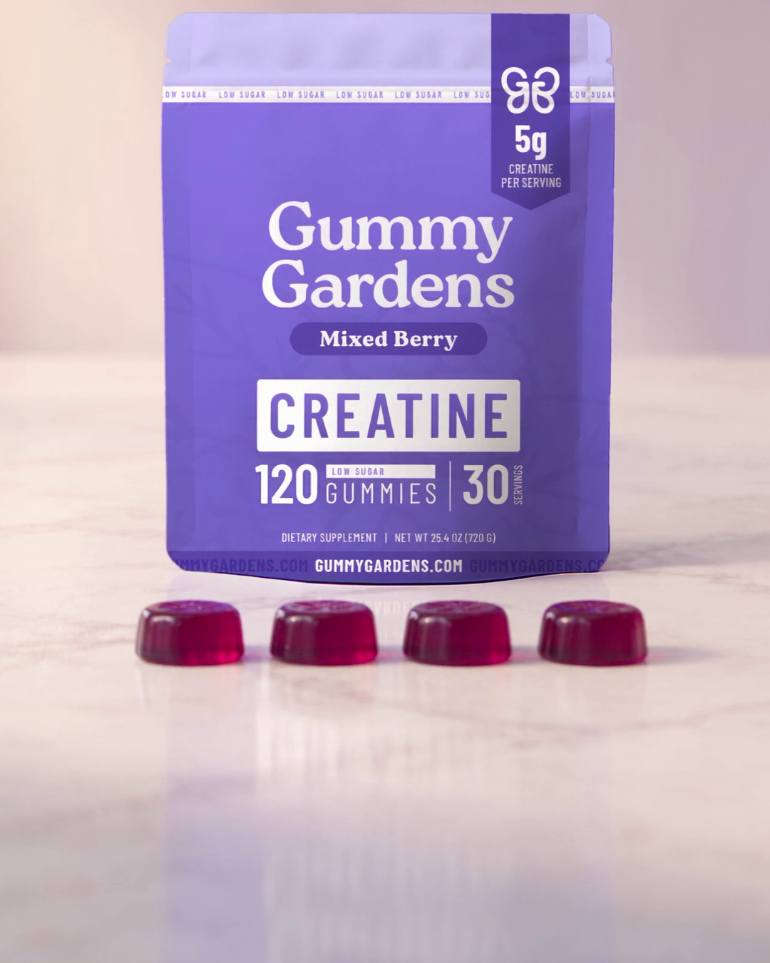 Serving photo: Mixed Berry, one serving is 4 gummies (5g creatine) in front of the pouch
