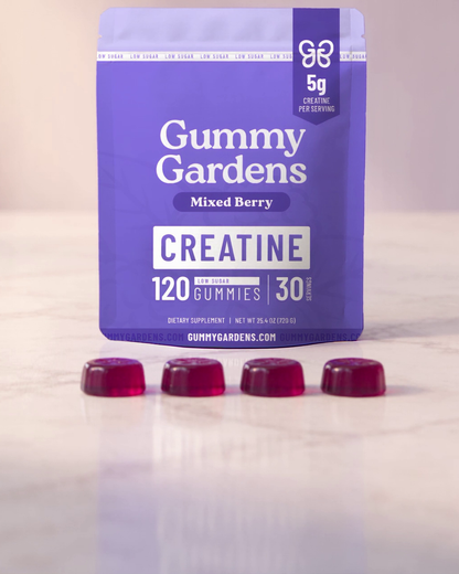 Serving photo: Mixed Berry, one serving is 4 gummies (5g creatine) in front of the pouch