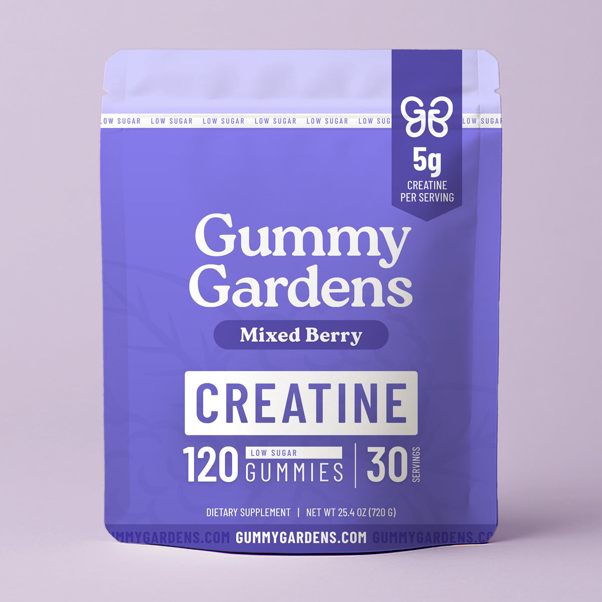 Gummy Gardens Mixed Berry low sugar creatine gummies, pouch front