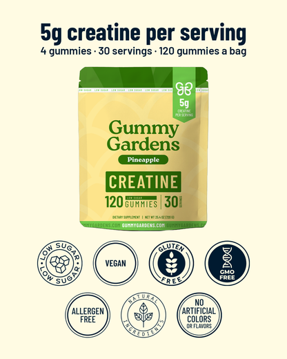 Gummy Gardens Pineapple low sugar creatine gummies – 5g creatine per serving, low sugar, vegan, gluten free, GMO free, allergen free, natural ingredients, no artificial colors or flavors