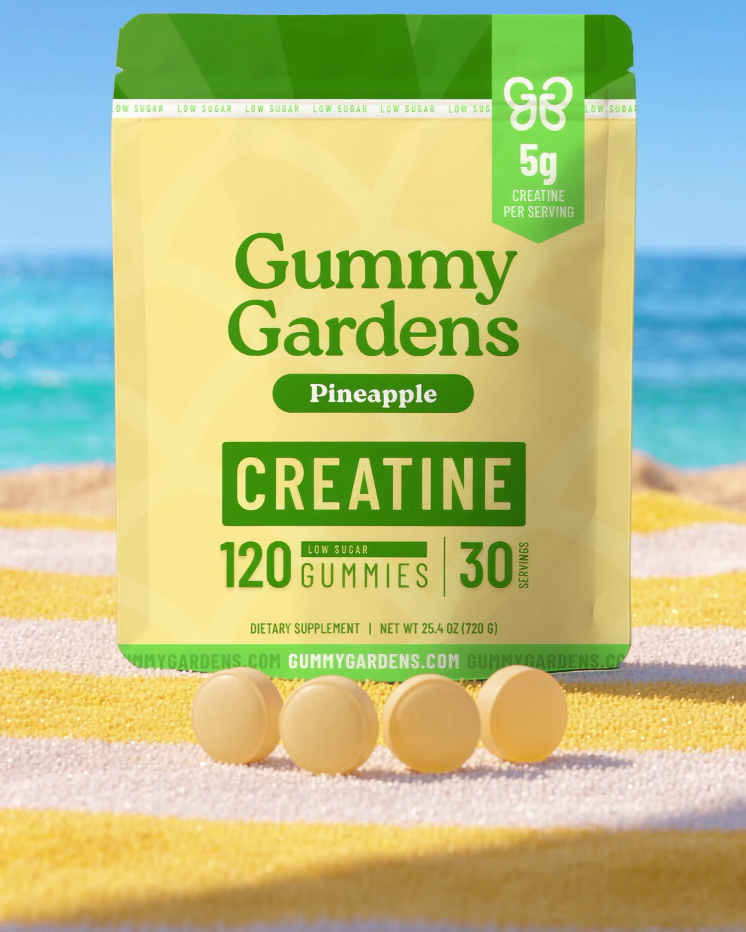 Serving photo: Pineapple, one serving is 4 gummies (5g creatine) in front of the pouch