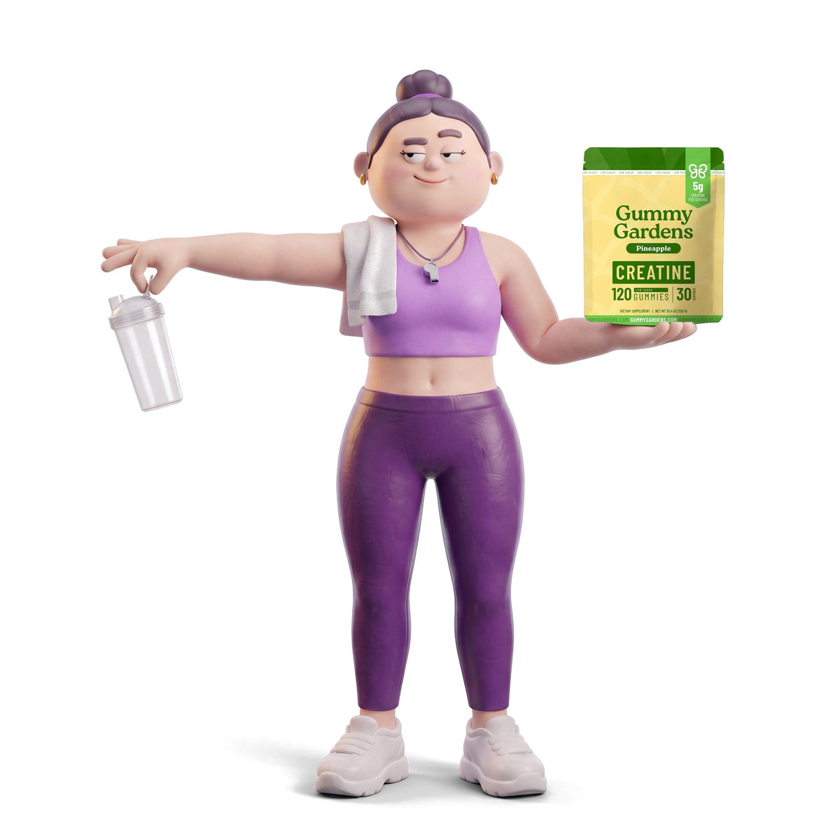 Gigi, the Gummy Gardens 3D character, in gym wear holding a bag of Pineapple creatine gummies on her palm while dangling an empty shaker bottle at arm's length