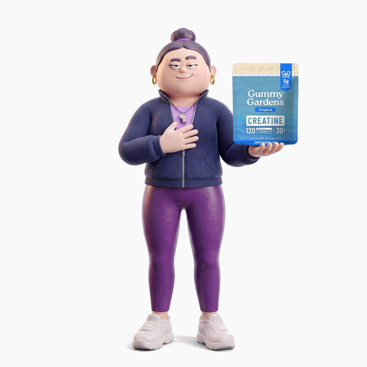 Gigi, the Gummy Gardens 3D character, with her hand on her heart holding a bag of Sugar Free Tropical creatine gummies