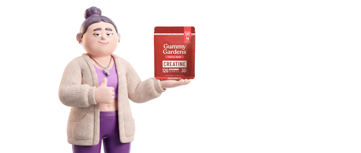 Gigi, the Gummy Gardens trainer, in a cozy cardigan giving a thumbs-up and holding a bag of Cherry Apple creatine gummies