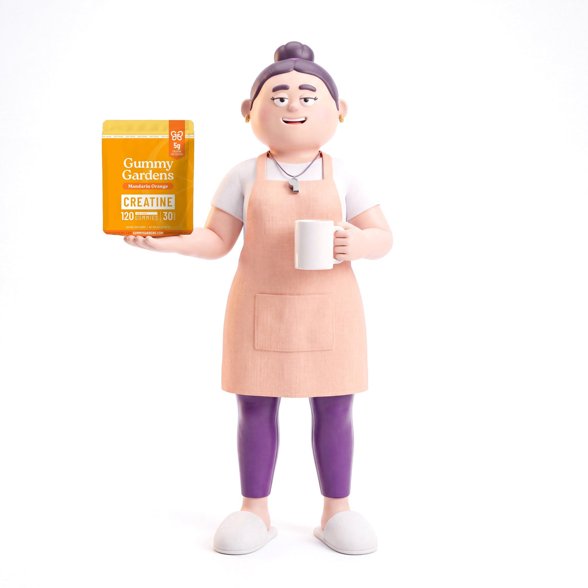 Gigi in a kitchen apron with her morning coffee and a bag of Mandarin Orange creatine gummies