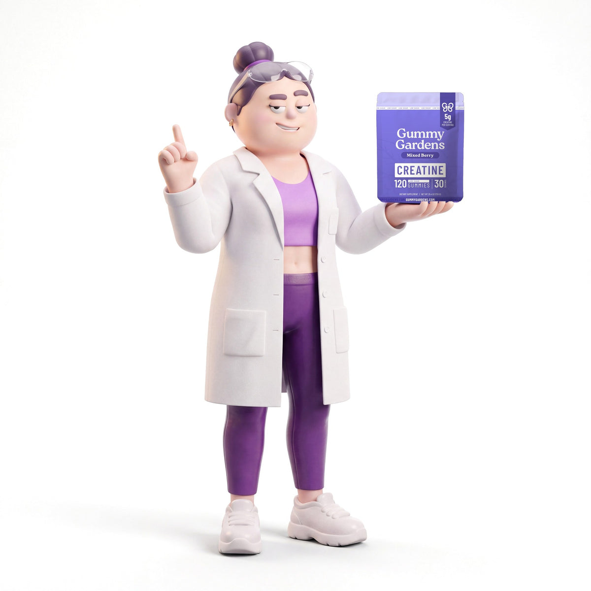 Gigi in a lab coat holding a bag of Mixed Berry creatine gummies, 5g creatine per serving