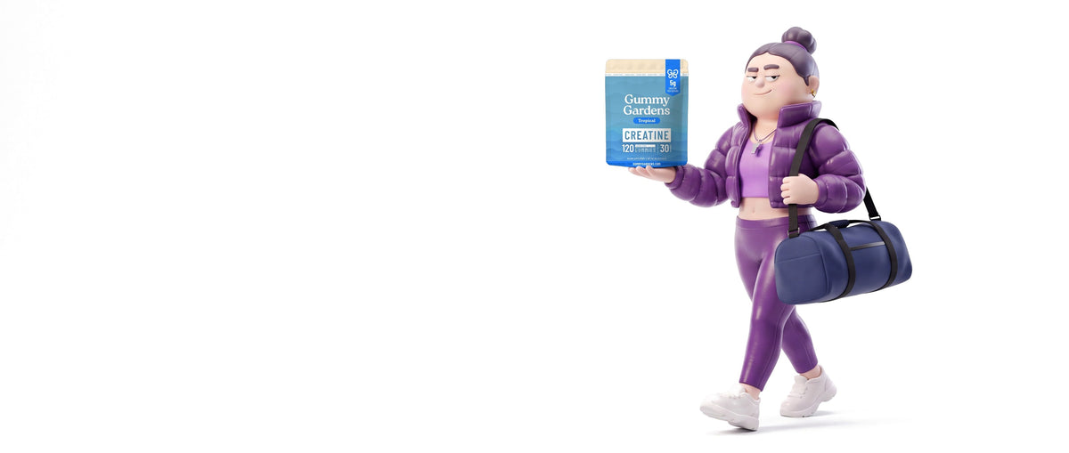 Gigi in her purple puffer jacket heading to the gym with a bag of Tropical sugar-free creatine gummies