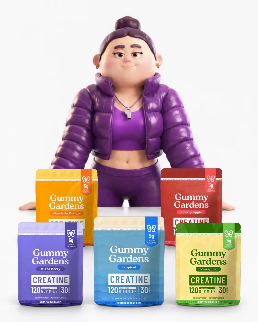 Gigi with all five Gummy Gardens creatine gummy flavors